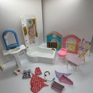 Vintage Doll Furniture Lot Bathtub Sink Vanity Chair Clothes Accessories 90s